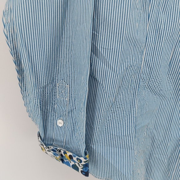 L.L. Bean Striped Button Up Blue/White Shirt Floral Neck/Cuffs Oxford Shirt - Picture 2 of 10